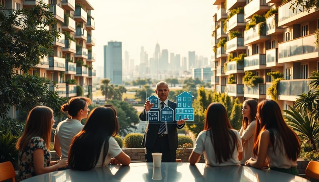 A busy student housing complex, with modern apartment buildings and lush greenery. In the foreground, a group of students gathered around a table, discussing real estate investment strategies. Midground, a well-dressed professional guiding the discussion, gesturing towards a holographic display showcasing property details. In the background, a bustling city skyline, hinting at the potential for lucrative property investments. Warm, natural lighting casts a golden glow, creating an atmosphere of productivity and optimism. The scene conveys the idea of students learning to navigate the world of property investment, with the guidance of experienced professionals.