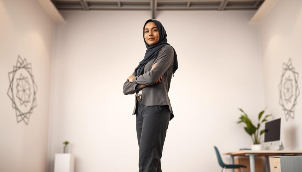 A confident Muslim professional standing tall in a well-lit office, dressed in modest yet stylish attire. They radiate an aura of poise and self-assurance, their gaze focused and determined. The background features a minimalist, modern workspace with clean lines and muted tones, creating a serene and productive atmosphere. Subtle Islamic geometric patterns adorn the walls, conveying a sense of spiritual grounding. Soft, warm lighting illuminates the scene, highlighting the subject's composure and inner strength. The overall impression is one of a person who has found harmony between their faith and their career, embodying the essence of "Percaya Diri dalam Pekerjaan."