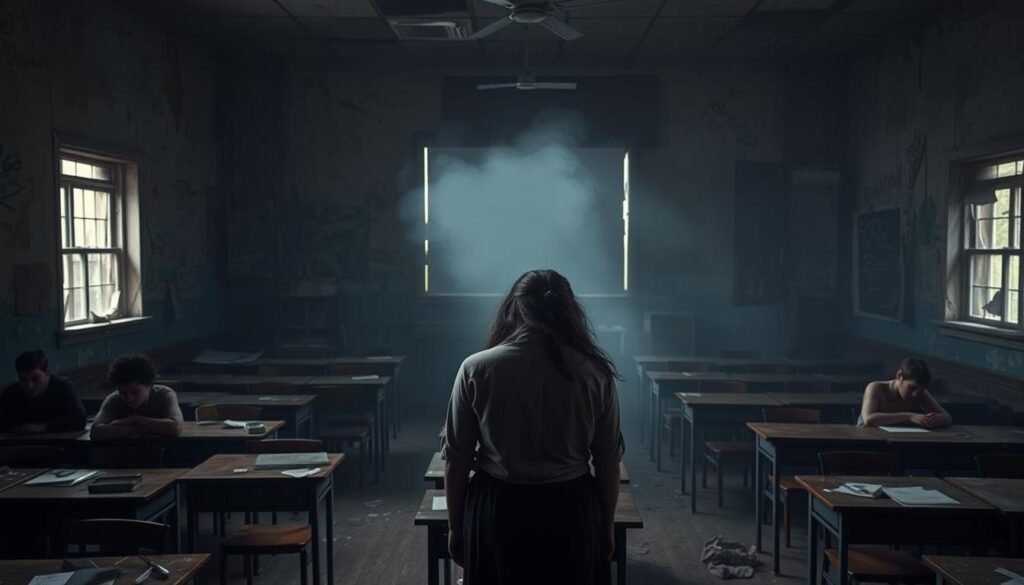 A dimly lit classroom, desks and chairs haphazardly arranged, conveying a sense of disarray. In the foreground, a teacher stands forlornly, head bowed, surrounded by dejected students. The middle ground depicts crumbling infrastructure - peeling paint, broken windows, and a distinct lack of educational resources. The background is shrouded in a hazy, oppressive atmosphere, suggesting the far-reaching consequences of budget cuts on the education system. The scene evokes a palpable sense of despair and the detrimental impact of reduced funding on the quality of public education.