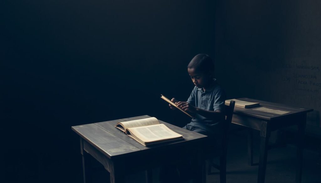 A dimly lit classroom with limited educational resources, a student sitting alone at a worn wooden desk, straining to read from a tattered textbook. The walls are bare, the floor dusty, highlighting the stark contrast between the student's desire to learn and the lack of accessible learning materials. Soft, muted lighting casts long shadows, conveying a sense of isolation and the challenges faced in this constrained educational environment. The scene evokes a somber mood, reflecting the limitations in access to quality learning sources that impede the student's intellectual growth and opportunities.