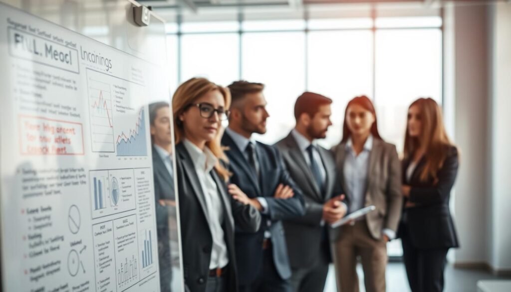 A high-resolution, photorealistic image of a business strategy analysis. In the foreground, a tactile, textured presentation board with handwritten notes, graphs, and diagrams, illuminated by a soft, directional lighting. In the middle ground, a team of professionals in formal attire, engaged in a lively discussion, their faces captured in pensive, analytical expressions. The background is blurred, hinting at a modern, minimalist office setting with clean lines and neutral tones, creating a sense of focus and contemplation. The overall mood is one of thoughtful deliberation, with a touch of warmth and collaboration.