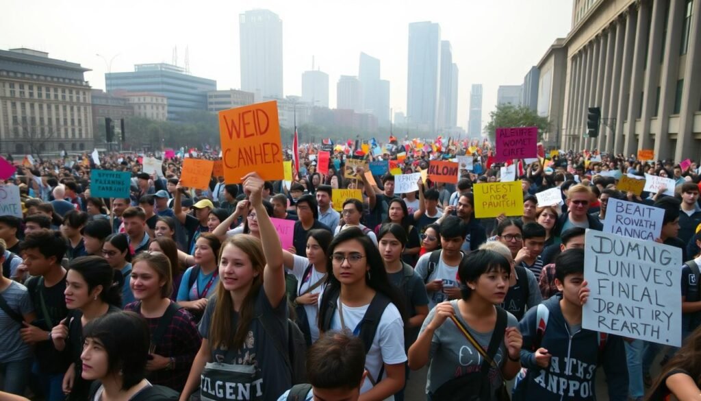 A large crowd of university students gathered in the city center, marching and chanting slogans in a passionate demonstration. In the foreground, a group of protesters hold up colorful banners and signs, their faces determined and resolute. In the middle ground, the throng of demonstrators surges forward, their energy palpable. In the background, the urban landscape provides a dramatic setting, with towering buildings and a hazy, overcast sky lending an air of gravitas to the scene. The lighting is natural, with a slight backlighting that highlights the energy and movement of the protest. The overall tone is one of civic engagement, political activism, and a collective demand for change.
