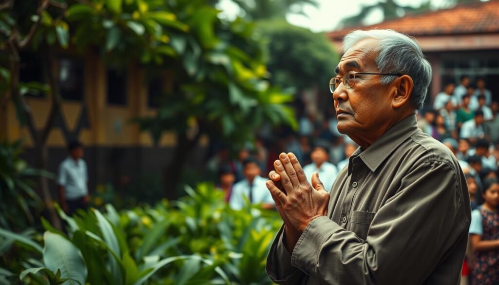 A pensive Ki Hadjar Dewantara, the architect of Indonesia's national education system, standing amidst the lush greenery of his Taman Siswa school, his eyes filled with a visionary gaze. Warm, diffused lighting illuminates his thoughtful expression, as he contemplates the future of education, his hands clasped in deep contemplation. In the background, a mosaic of students, diverse in age and background, symbolizes the inclusive spirit of his educational philosophy. The scene conveys a sense of reverence and timelessness, capturing the enduring legacy of this pioneering educator who shaped the foundations of Indonesia's national identity.