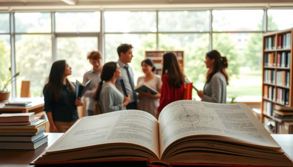 A serene academic setting with a large, open book prominently displayed in the foreground, its pages filled with intricate diagrams and illustrations. In the middle ground, a group of diverse students and educators engaged in thoughtful discussion, surrounded by shelves of books and learning materials. The background features a warm, natural-lit environment, with large windows overlooking a verdant, well-manicured campus. The lighting is soft and diffused, creating a contemplative and inviting atmosphere. The composition emphasizes the harmonious integration of educational policies, resources, and the collaborative learning process.