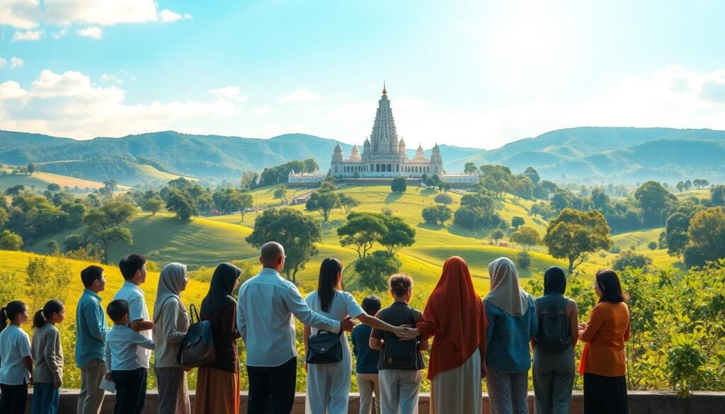 A serene and harmonious scene depicting the concept of "Partisipasi Semesta Pendidikan". In the foreground, a diverse group of people, including students, teachers, and community members, stand together, their hands joined in a gesture of unity and collaboration. The middle ground features a vibrant, lush landscape with rolling hills, flourishing trees, and a clear, sun-dappled sky. In the background, a magnificent temple or educational institution rises, its elegant architecture symbolizing the rich heritage and wisdom of the educational system. The lighting is soft and warm, creating a sense of inclusivity and a spirit of shared purpose. The overall composition conveys a harmonious blend of individual and collective efforts, working in tandem to realize the vision of high-quality education for all.