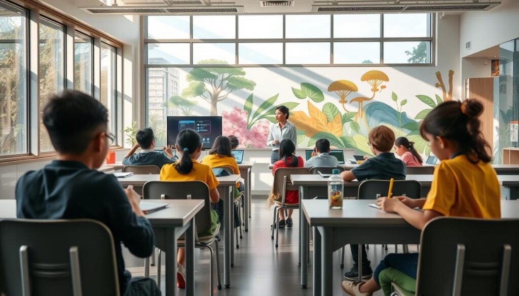A serene and inclusive classroom of the future, with an abundance of natural light streaming through large windows. In the foreground, a diverse group of students collaborate at modern, ergonomic desks, their faces filled with curiosity and enthusiasm. The middle ground showcases a teacher guiding the class, using interactive digital displays and adaptive learning technologies to cater to various needs and learning styles. In the background, a vibrant, nature-inspired mural adorns the walls, symbolizing the integration of sustainability and holistic development within the educational environment. The scene emanates a sense of possibility, equity, and a bright future for inclusive education in Indonesia.