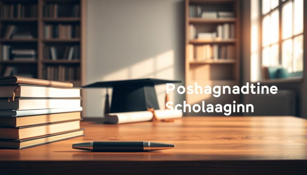 A serene and sophisticated postgraduate scholarship program. In the foreground, a stack of academic books and a pen resting on a wooden desk, illuminated by warm, soft lighting. The middle ground features a graduation cap and diploma, symbolizing the successful completion of higher education. In the background, a minimalist, elegant bookshelf, with a large window allowing natural light to filter in, creating a sense of academic rigor and intellectual pursuit. The overall atmosphere conveys a sense of academic excellence, ambition, and the promise of a bright future for postgraduate students.
