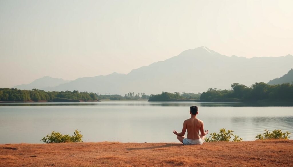 A serene, minimalist landscape depicting the concepts of "Percaya Diri dan Kesabaran". In the foreground, a person sits cross-legged, eyes closed in deep meditation, radiating an aura of inner peace and self-assurance. The middle ground features a tranquil lake, its still surface reflecting the clear sky above. Along the shoreline, clusters of lush, verdant foliage provide a sense of grounding and patience. In the background, majestic mountains rise, their snowcapped peaks piercing the heavens, symbolizing the aspiration and resilience of the human spirit. Warm, diffused lighting bathes the scene, creating an atmosphere of spiritual contemplation and self-discovery.