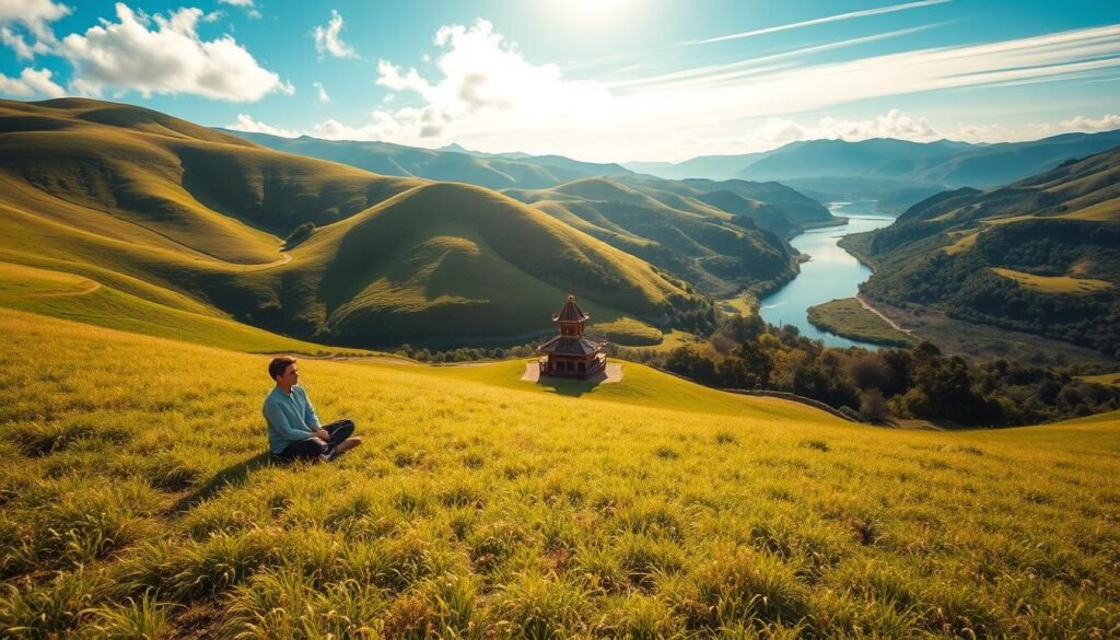 A serene, sun-dappled meadow nestled amidst verdant hills. In the foreground, a person sits cross-legged, their face tranquil as they engage in the practice of aura farming - a traditional technique of cultivating and harmonizing the natural energies surrounding them. Wispy clouds drift overhead, casting soft shadows that dance across the landscape. The middle ground features a small, ornate structure, its architecture reflecting the local cultural influences. In the distance, a winding river reflects the azure sky, its banks lined with lush, vibrant foliage. The overall scene evokes a sense of tranquility, balance, and a deep connection to the natural world.