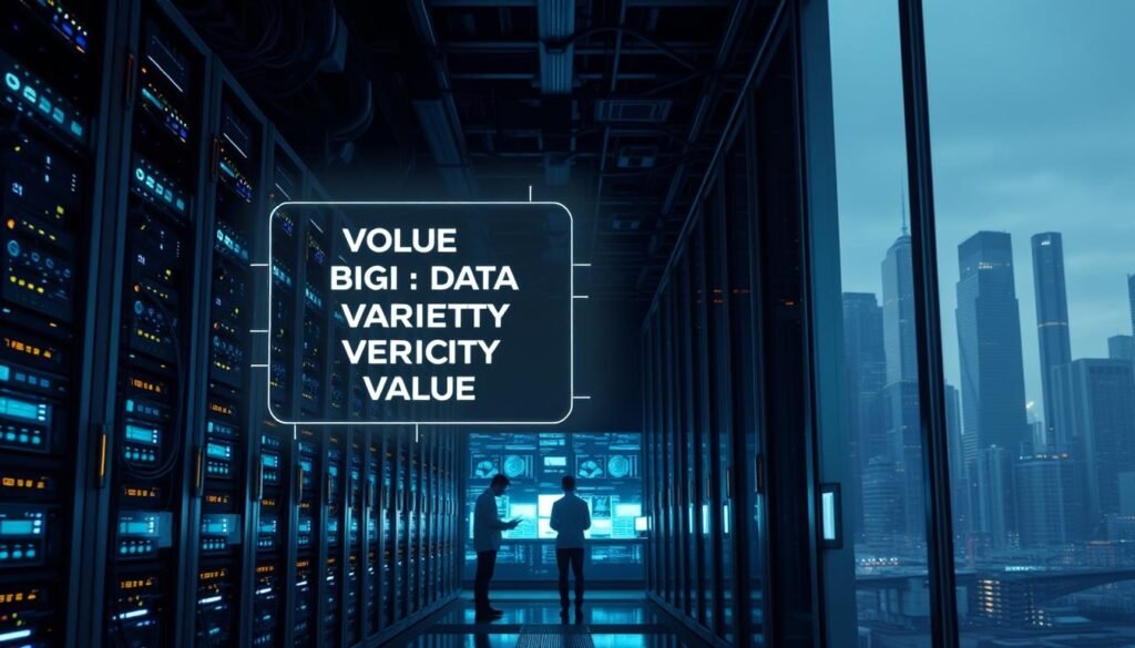 A sleek, modern data center filled with glowing server racks, cables, and blinking lights. In the foreground, a floating hologram displays the key characteristics of big data - volume, velocity, variety, veracity, and value. The middle ground features a team of data scientists poring over analytical dashboards, uncovering insights. In the background, a cityscape with towering skyscrapers symbolizes the vast scale and interconnectedness of big data ecosystems. Dramatic high-contrast lighting, cinematic camera angles, and a minimalist, high-tech aesthetic convey the power and complexity of harnessing big data for intelligent decision-making.