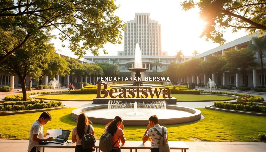 A tranquil university campus with a central fountain, surrounded by lush greenery and modern buildings. In the foreground, a group of students gather around a desk, filling out application forms and discussing scholarship opportunities. Warm afternoon sunlight casts a soft glow, creating a welcoming atmosphere. The middle ground features a prominent sign displaying the text &amp;quot;Pendaftaran Beasiswa&amp;quot; in a elegant, typographic style. In the background, a towering library or administrative building stands as a symbol of academic excellence. The overall scene conveys a sense of focus, camaraderie, and the promise of educational advancement.