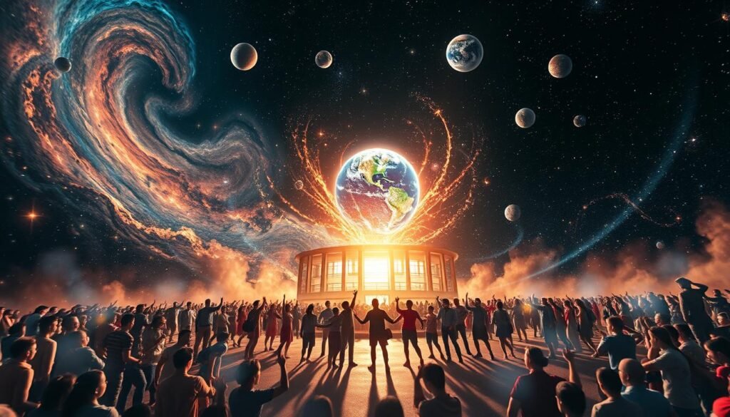 A vast cosmic expanse, the universe as canvas, with planets, stars, and galaxies swirling in a mesmerizing dance. In the center, a glowing orb representing the Earth, radiating an aura of enlightenment. Emerging from this celestial stage, a diverse throng of figures – students, teachers, community leaders – join hands, their collective energy manifesting as shimmering streams of light that converge to form the outline of a modern, well-equipped school building. The scene is bathed in a warm, ethereal glow, conveying a sense of harmony, progress, and the realization of education's transformative power through the participation of all. Captured with a wide-angle lens, the composition emphasizes the vastness of this collaborative vision, where the universe itself is the stage for the pursuit of knowledge and the betterment of humanity.