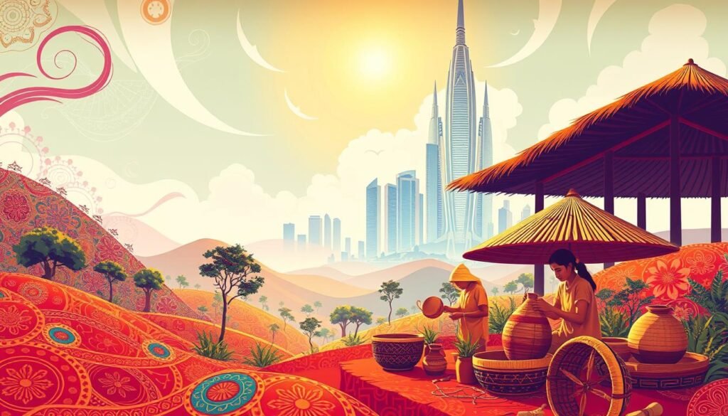A vibrant digital mural depicting the rich cultural heritage of Riau, Indonesia. In the foreground, intricate batik patterns and traditional Melayu motifs swirl across a stylized, pixelated landscape. In the middle ground, a group of local artisans carefully craft handwoven baskets and pottery, their movements captured in a soft, ethereal glow. In the background, a towering, futuristic skyline rises, seamlessly blending the ancient and the modern. The scene is bathed in a warm, golden light, evoking a sense of timelessness and the enduring spirit of Riau's cultural identity.