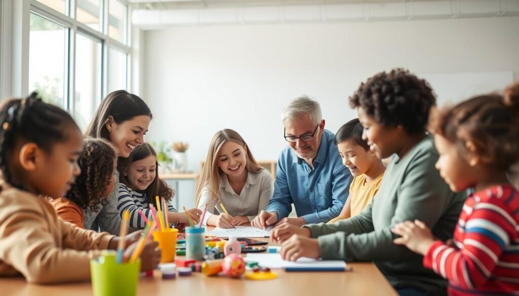 A warm, inviting scene depicting the engagement and collaboration between parents and their children in an educational setting. The foreground shows a group of diverse parents and students working together on a learning activity, perhaps an arts and crafts project or a science experiment. The middle ground features a teacher guiding and facilitating the interaction, fostering a sense of community and shared learning. The background depicts a bright, modern classroom with large windows allowing natural light to flood the space, creating an atmosphere of openness and inclusivity. The overall composition conveys a harmonious and supportive environment where parents actively participate in their children's educational journey.
