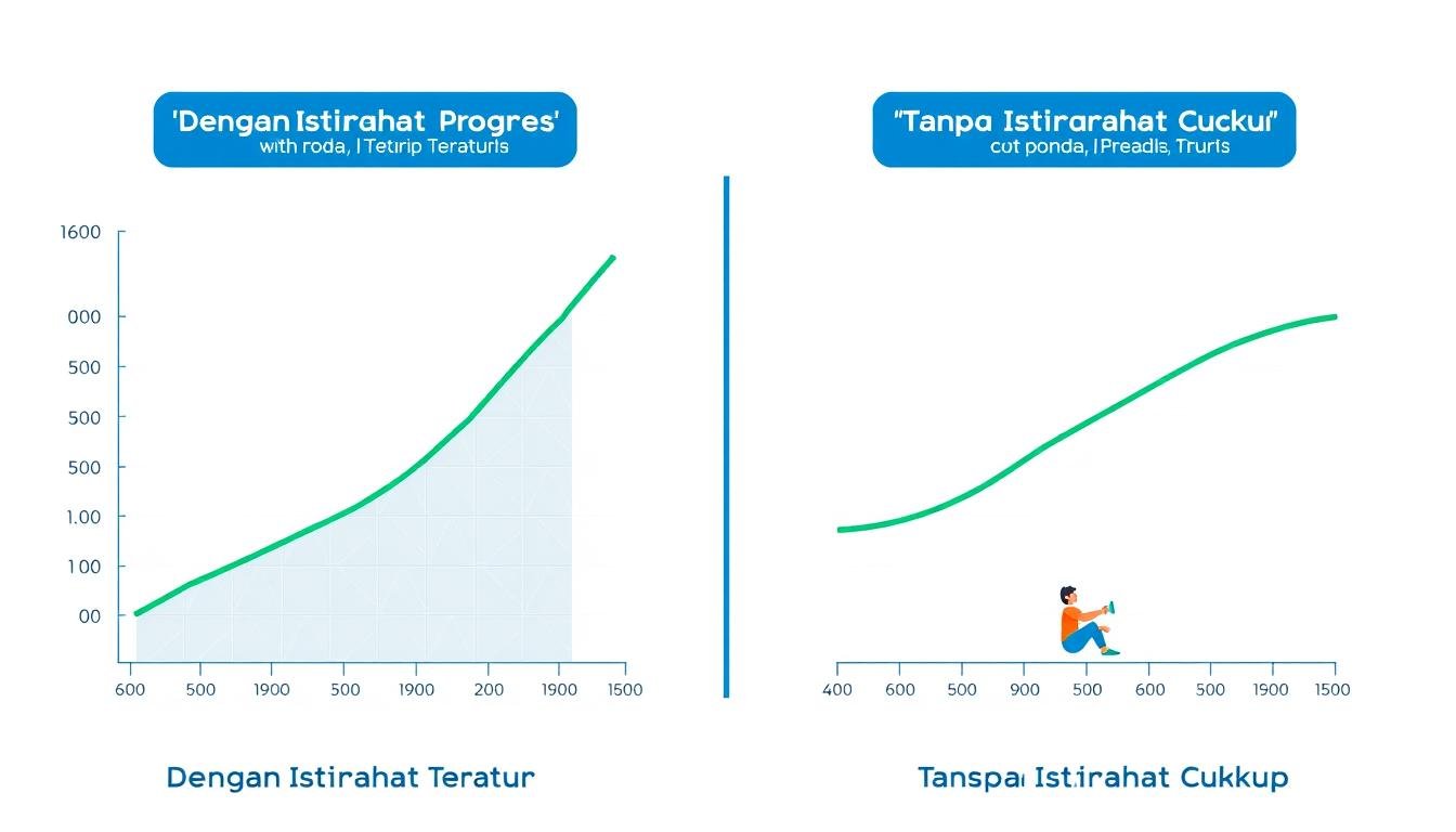 Grafik menunjukkan perbedaan progres kebugaran antara orang yang menerapkan siklus istirahat dan latihan yang tepat versus yang tidak