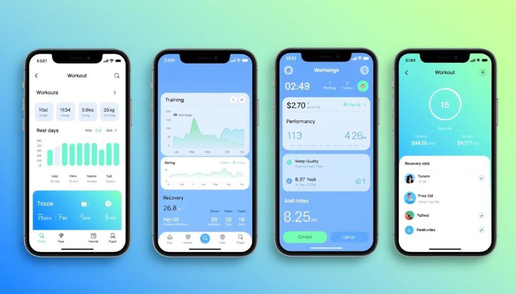 Screenshot aplikasi pelacak kebugaran yang menunjukkan grafik progres latihan dan istirahat Screenshot aplikasi pelacak kebugaran yang menunjukkan grafik progres latihan dan istirahat