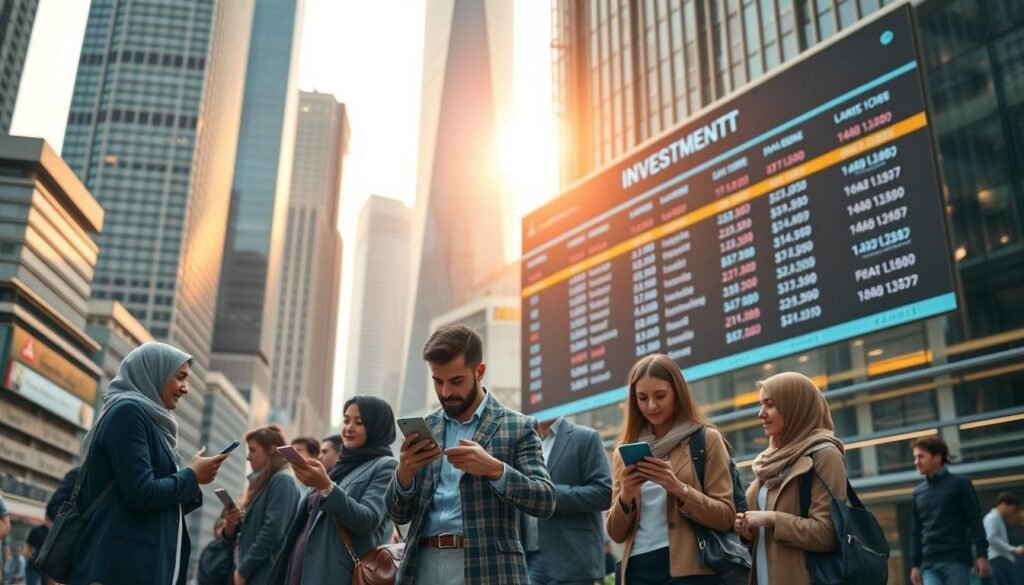 A bustling financial district with towering skyscrapers and modern architecture. In the foreground, a group of young, stylishly dressed millennials engrossed in discussions, tablets and smartphones in hand, representing their keen interest in Sharia-compliant investment opportunities. The middle ground features a large electronic stock display board, its LED panels showcasing the latest Sharia-based financial instruments. The background is bathed in a warm, golden glow, conveying a sense of prosperity and growth in the Islamic finance sector. Soft, diffused lighting casts subtle shadows, creating depth and dimensionality. The overall mood is one of dynamism, innovation, and the rising prominence of Sharia investing among the millennial generation. A bustling financial district with towering skyscrapers and modern architecture. In the foreground, a group of young, stylishly dressed millennials engrossed in discussions, tablets and smartphones in hand, representing their keen interest in Sharia-compliant investment opportunities. The middle ground features a large electronic stock display board, its LED panels showcasing the latest Sharia-based financial instruments. The background is bathed in a warm, golden glow, conveying a sense of prosperity and growth in the Islamic finance sector. Soft, diffused lighting casts subtle shadows, creating depth and dimensionality. The overall mood is one of dynamism, innovation, and the rising prominence of Sharia investing among the millennial generation.