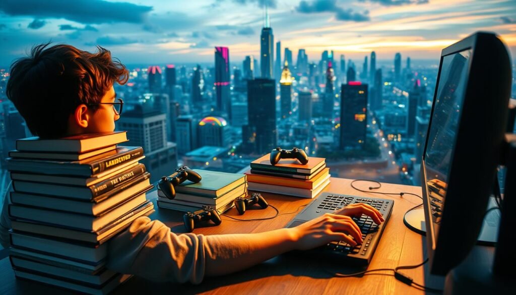 A dynamic scene of a person on a journey to become a game developer. In the foreground, a young individual sits at a computer, their hands typing furiously as they code and design. The middle ground features a stack of game development books, controllers, and other tools of the trade, symbolizing the knowledge and skills required. In the background, a vibrant cityscape with skyscrapers and a gaming-inspired skyline, representing the bustling industry and future potential. Soft, warm lighting illuminates the scene, creating an atmosphere of focus, determination, and the excitement of pursuing a career in game development. Captured with a wide-angle lens to convey a sense of depth and immersion.