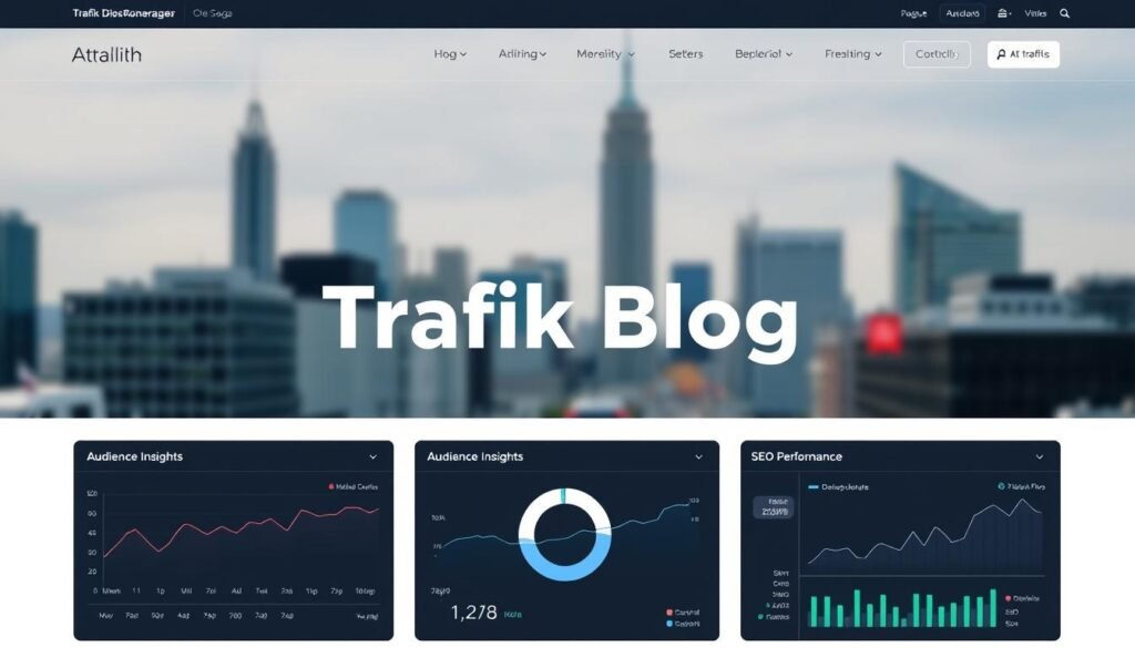 A modern, professional-looking blog interface with a clean, minimalist design. The main focus is a prominent "Trafik Blog" header in a bold, eye-catching typography, surrounded by a minimalist layout with plenty of whitespace. In the middle ground, there are various data visualizations and analytics widgets displaying traffic metrics, audience insights, and SEO performance. The background features a blurred city skyline with skyscrapers and busy streets, conveying a sense of a thriving online business. The overall mood is one of productivity, growth, and digital success.