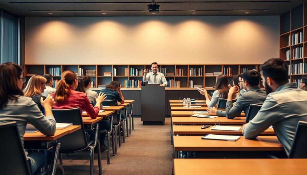 A modern, well-equipped classroom with rows of sleek desks and chairs. In the foreground, students are engaged in lively discussions, gesturing animatedly as they collaborate on their projects. The middle ground features a central podium, where a professor stands, delivering a captivating lecture, their hands emphasizing key points. Soft, warm lighting illuminates the scene, creating a sense of focus and intellectual inquiry. In the background, bookcases line the walls, filled with volumes on a variety of academic subjects. The overall atmosphere conveys the importance of education, the value of certification, and the pursuit of knowledge.