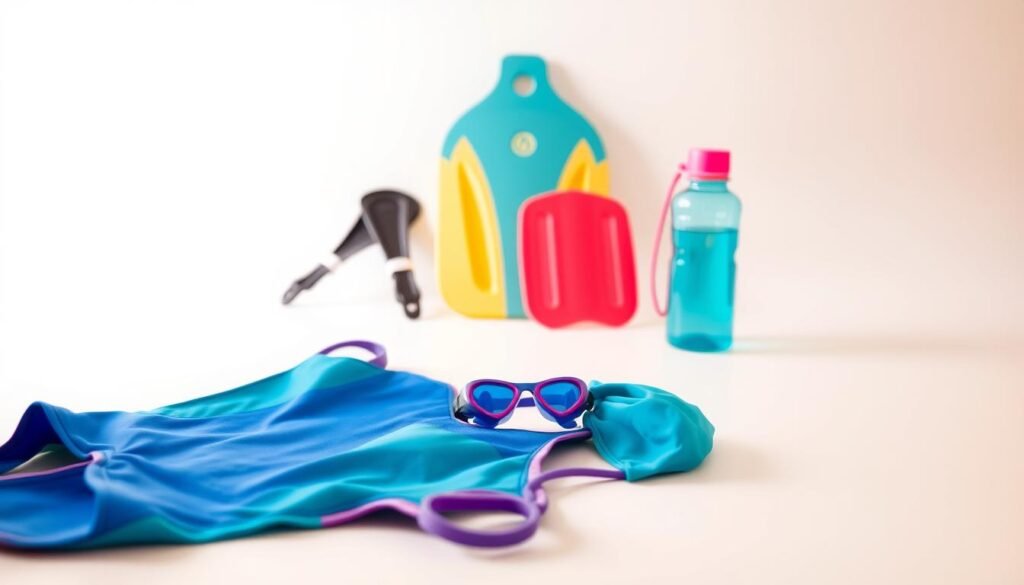 A neatly arranged display of high-quality swimming gear in a well-lit studio setting. In the foreground, a vibrant swimsuit, swim cap, and goggles lay atop a clean, light-colored surface. The middle ground features a kickboard, hand paddles, and a water bottle, all in complementary colors. In the background, a simple, white backdrop provides a clean, minimalist aesthetic. The lighting is soft and diffused, creating a warm, inviting atmosphere that highlights the practical yet stylish nature of the swimming equipment. The overall composition conveys a sense of organization, functionality, and a focus on essential gear for a safe and effective swimming experience.