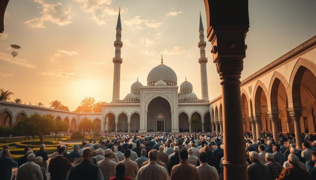 A serene mosque stands tall, its intricate domes and minarets reaching towards the sky. The courtyard is filled with worshippers engaged in peaceful deliberation, their faces reflecting a deep sense of community and shared purpose. The surrounding gardens are lush and well-maintained, creating a tranquil atmosphere. Warm, golden lighting filters through the archways, casting a soft glow on the proceedings. In the distance, a minaret's call to prayer echoes, reinforcing the spiritual nature of this democratic gathering. The scene conveys a harmonious balance between faith and civic engagement, where the principles of Islamic democracy are seamlessly woven into the fabric of daily life.