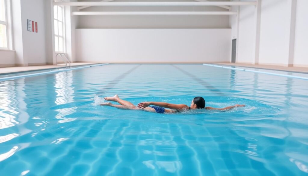 A serene pool setting with a person performing the basic swimming strokes. The foreground shows a swimmer gliding gracefully through the water, their limbs effortlessly propelling them forward. The middle ground features a calm, crystal-clear pool with gentle ripples on the surface, surrounded by a tiled deck. The background depicts a minimalist, well-lit indoor swimming facility with high ceilings and natural lighting filtering in through large windows. The overall scene conveys a sense of tranquility and focus, highlighting the fundamental techniques of a healthy and effective swimming routine.