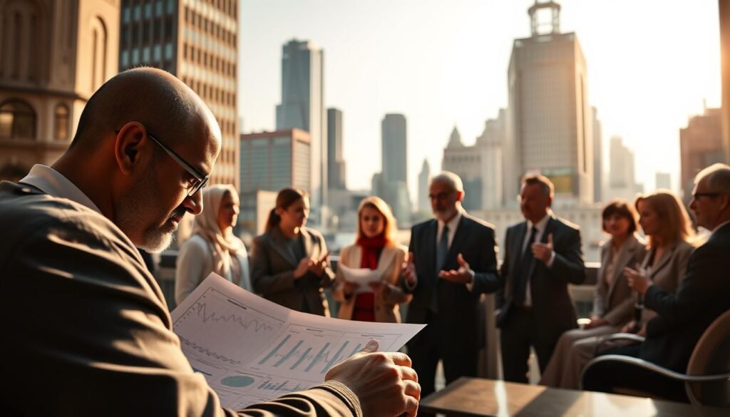 A serene, sun-dappled scene of a diverse group of people navigating the complexities of Sharia-compliant investing. In the foreground, a financial analyst pores over intricate charts and graphs, brow furrowed in concentration. In the middle ground, a panel of experts engages in a lively discussion, gesturing animatedly as they explore the challenges and opportunities of Sharia-based portfolios. In the background, a bustling financial district, skyscrapers and stock tickers casting a shadow over the proceedings, symbolizing the broader economic landscape. Soft, warm lighting casts a contemplative mood, hinting at the thoughtful, deliberative nature of this specialized field of investment. A serene, sun-dappled scene of a diverse group of people navigating the complexities of Sharia-compliant investing. In the foreground, a financial analyst pores over intricate charts and graphs, brow furrowed in concentration. In the middle ground, a panel of experts engages in a lively discussion, gesturing animatedly as they explore the challenges and opportunities of Sharia-based portfolios. In the background, a bustling financial district, skyscrapers and stock tickers casting a shadow over the proceedings, symbolizing the broader economic landscape. Soft, warm lighting casts a contemplative mood, hinting at the thoughtful, deliberative nature of this specialized field of investment.