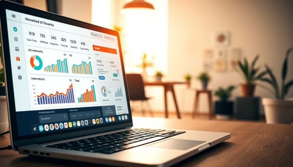 A well-structured monetization plan for a blog, featuring a carefully curated dashboard displaying key metrics and revenue streams. The foreground showcases a laptop screen with neatly organized analytics, charts, and monetization options such as ad networks, affiliate programs, and e-commerce integrations. The middle ground depicts a cozy home office setting, with a desk, chair, and plants, creating a productive and focused atmosphere. The background subtly suggests the broader online ecosystem, with subtle icons and shapes representing the interconnected nature of digital marketing and monetization strategies. The lighting is warm and inviting, creating a sense of professionalism and clarity around the blog's monetization plan.