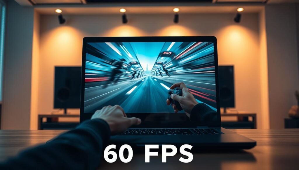 A dynamic 60 fps video capture scene, showcasing smooth and immersive motion. In the foreground, a gaming laptop screen displays a high-speed action sequence, with crisp visuals and fluid movements. The middle ground features a gamer's hands skillfully operating the laptop, their fingers a blur as they control the on-screen action. In the background, a sleek and modern setup with minimalist design elements creates a professional, tech-savvy atmosphere. Warm, indirect lighting casts a soft glow, enhancing the clarity and vibrancy of the video capture. The overall scene conveys the importance of high frame rates for a captivating and immersive viewing experience.