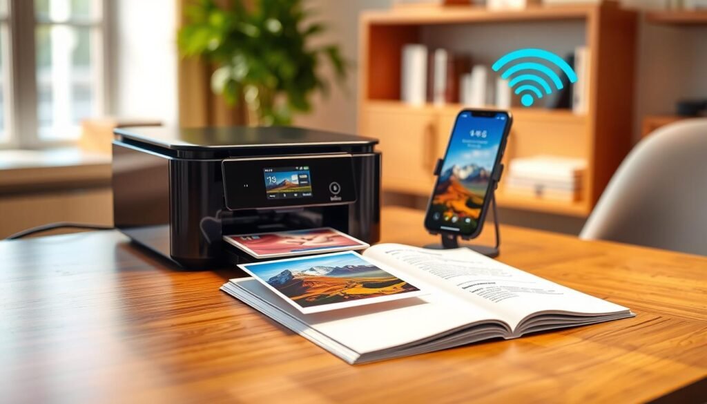 A modern NFC printer designed for iPhone 15 compatibility, positioned on a sleek wooden desk, with an open user manual beside it, featuring detailed smartphone integration instructions. In the foreground, a vibrant 4×6 photo freshly printed is displayed, showcasing a scenic landscape. The middle ground includes the printer itself with a glossy finish, and an iPhone 15 wirelessly connecting to the printer, highlighted with a soft blue glow to emphasize the NFC functionality. The background features a softly blurred office setting with warm, natural light streaming in from a window, creating a professional and inviting atmosphere. The image should evoke a mood of technological ease and efficiency, suitable for tech enthusiasts. A modern NFC printer designed for iPhone 15 compatibility, positioned on a sleek wooden desk, with an open user manual beside it, featuring detailed smartphone integration instructions. In the foreground, a vibrant 4×6 photo freshly printed is displayed, showcasing a scenic landscape. The middle ground includes the printer itself with a glossy finish, and an iPhone 15 wirelessly connecting to the printer, highlighted with a soft blue glow to emphasize the NFC functionality. The background features a softly blurred office setting with warm, natural light streaming in from a window, creating a professional and inviting atmosphere. The image should evoke a mood of technological ease and efficiency, suitable for tech enthusiasts.