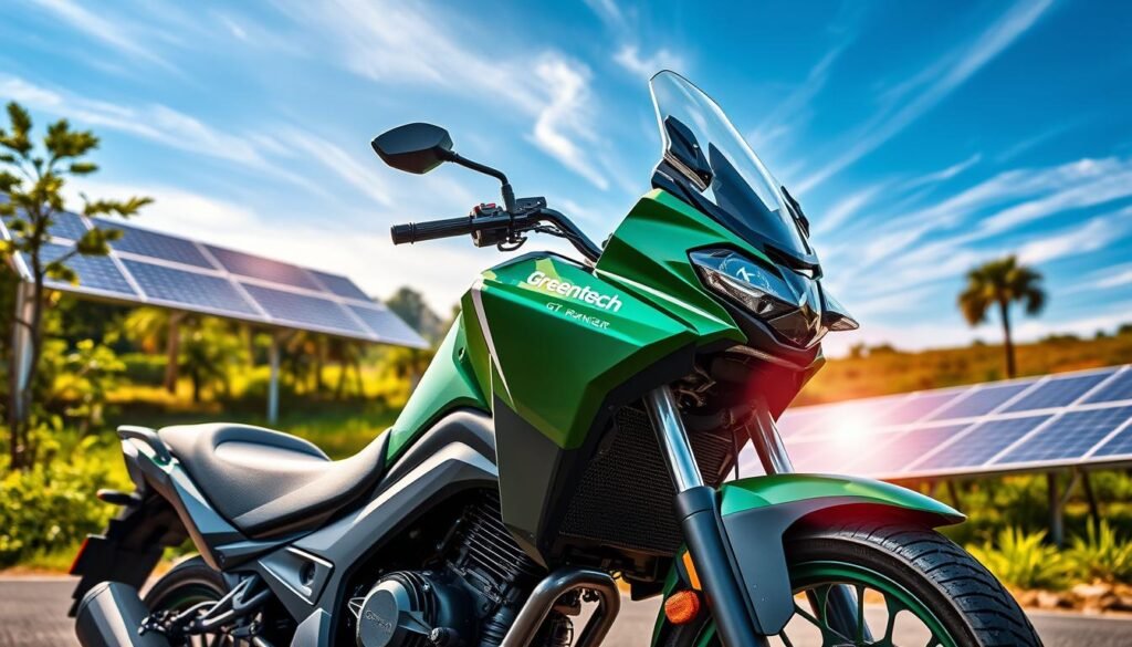 A sleek and modern Greentech GT-Ranger electric motorbike prominently displayed in the foreground, showcasing its dynamic design and innovative features. Capture the details such as the ergonomic seat, eco-friendly battery compartment, and cutting-edge dashboard. In the middle ground, include a scenic view of a sunny West Java landscape, with lush greenery and solar panels glistening under the sun, illustrating the synergy between electric vehicles and sustainable energy. The background should highlight a clear blue sky with wispy clouds, creating a vibrant atmosphere. Utilize soft, natural lighting to emphasize the bike's contours and showcase its advanced technology, photographed at a low angle to convey a sense of power and speed, invoking excitement and innovation in a modern eco-friendly context.