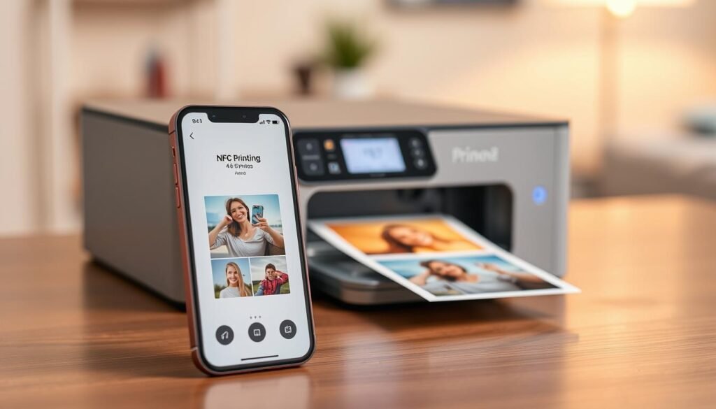 A sleek iPhone 15 displaying NFC printing features prominently in the foreground, showcasing an intuitive interface for printing 4x6 photos. In the middle ground, a modern printer with a wireless connection is actively printing vibrant, high-resolution photographs, with colors that pop against a clean, white background. Soft, focused lighting highlights the devices and adds a professional ambiance to the scene. The background features a faintly blurred home or office space, suggesting a practical environment for using this technology. The overall mood is innovative and dynamic, illustrating the cutting-edge capabilities of NFC printing on the iPhone 15, emphasizing ease of use and modern design. A sleek iPhone 15 displaying NFC printing features prominently in the foreground, showcasing an intuitive interface for printing 4x6 photos. In the middle ground, a modern printer with a wireless connection is actively printing vibrant, high-resolution photographs, with colors that pop against a clean, white background. Soft, focused lighting highlights the devices and adds a professional ambiance to the scene. The background features a faintly blurred home or office space, suggesting a practical environment for using this technology. The overall mood is innovative and dynamic, illustrating the cutting-edge capabilities of NFC printing on the iPhone 15, emphasizing ease of use and modern design.