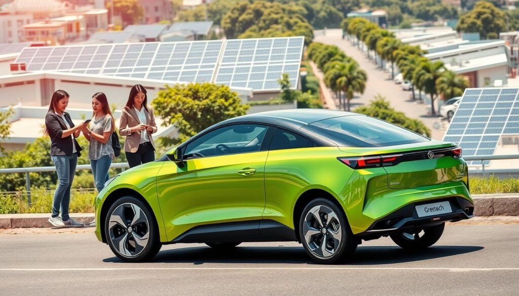 A sleek, modern electric vehicle from Greentech is showcased prominently in the foreground, with its smooth contours and eco-friendly design highlighted under soft, natural sunlight. The vehicle's glossy, vibrant green finish reflects the innovation of sustainable transportation. In the middle ground, young professionals in smart casual clothes are seen engaging with solar panel technology, emphasizing a green lifestyle. The background features a bustling urban environment in West Java, with solar panels adorning rooftops and lush greenery lining the streets, creating a harmonious blend of technology and nature. The composition is captured at a dynamic angle, enhancing the sense of movement and possibility in the air, while soft, warm lighting evokes a positive and forward-thinking atmosphere.