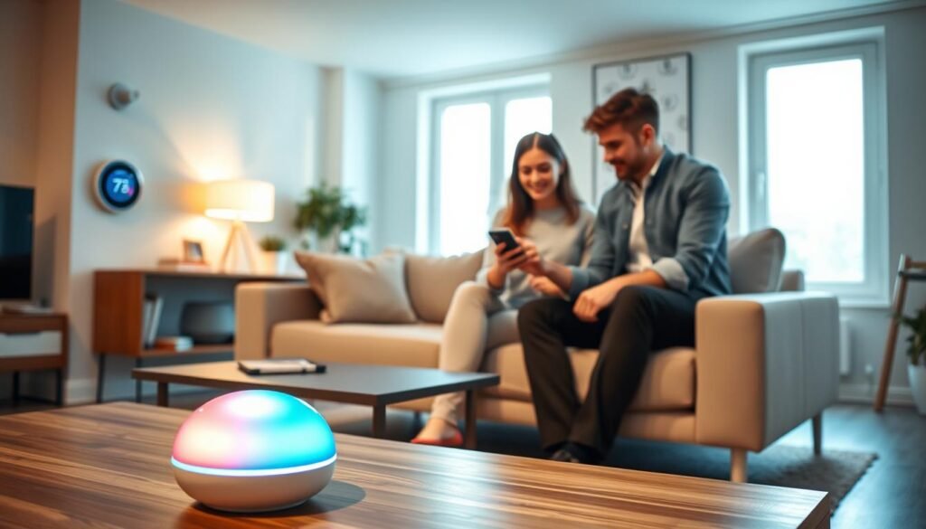 A bright, modern living room featuring various smart home devices in use. In the foreground, a sleek digital assistant device on a minimalist coffee table displaying vibrant lights. A smart thermostat on the wall shows a user-friendly interface. In the middle, a comfortable sofa with a couple of young professionals in smart casual attire interacting with their smart home through a smartphone. In the background, large windows let in natural light, highlighting smart lighting fixtures and a smart security camera positioned discreetly. The atmosphere is inviting and tech-savvy, suggesting a seamless integration of technology into everyday life. Soft, warm lighting creates a cozy, welcoming feel, capturing the essence of a smart home for beginners.