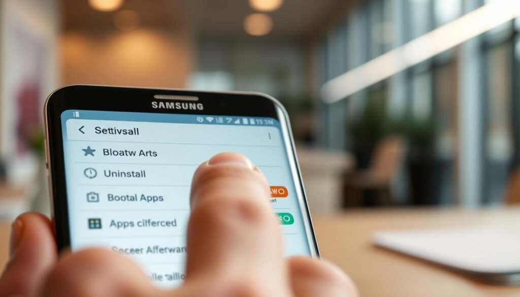 A close-up scene depicting a Samsung smartphone with its screen displaying the settings menu, highlighting the app management section. In the foreground, a finger gently taps on the "Uninstall" option, symbolizing the process of removing bloatware. The middle ground features a cluttered screen with multiple app icons, including some visibly marked as bloatware, such as unnecessary pre-installed apps. The background is softly blurred, suggesting a modern office environment with soft lighting that emphasizes a tech-savvy atmosphere. The overall mood conveys a sense of clarity and focus, illustrating a practical guide without distractions. The image should be completed with a warm color palette, evoking a friendly yet professional setting.