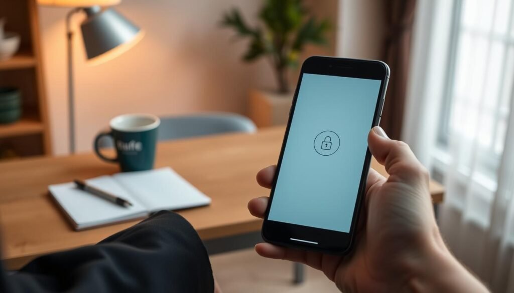 A close-up view of a modern smartphone displaying the screen pinning feature, set against a soft-focus home office background. In the foreground, the phone is held by a hand wearing a formal business suit, emphasizing a professional context. The screen shows a simple, secure app interface, indicating its pinned state. Warm, ambient lighting enhances the scene, casting soft shadows to create a welcoming atmosphere. The middle layer features an elegantly arranged workspace, including a notebook and a coffee cup, symbolizing a thoughtful approach to smartphone security. The overall mood reflects a balanced blend of modernity and professionalism, inviting viewers to consider the practicality of screen pinning for safeguarding personal information.