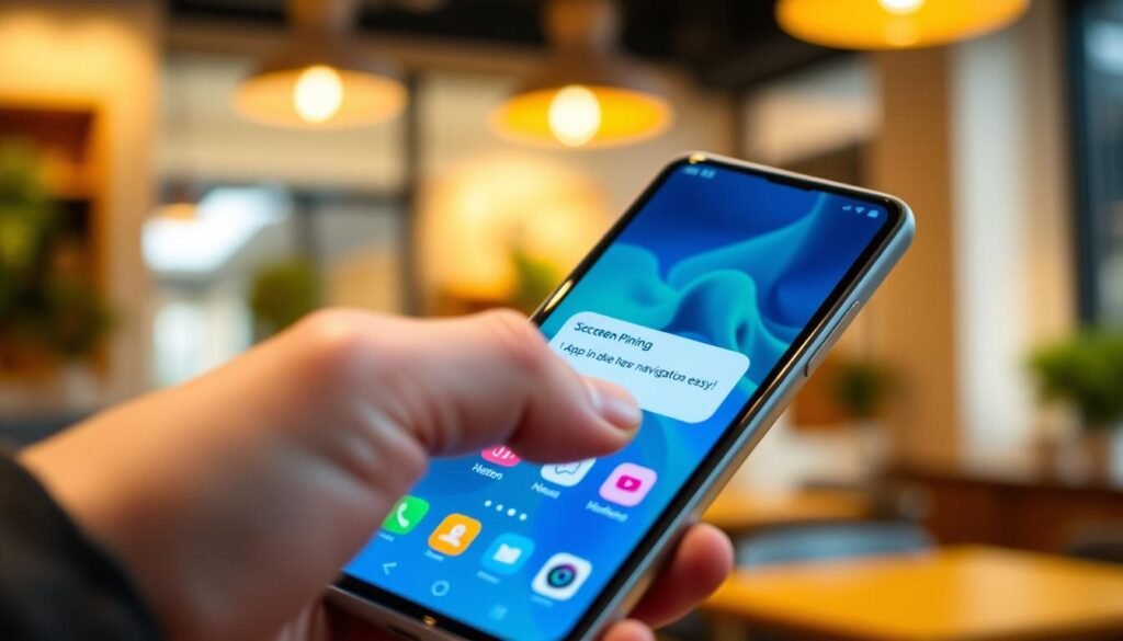 A close-up view of a modern smartphone screen displaying the screen pinning feature in action, with a user’s hand gently holding the phone. The foreground features the hand in a professional business attire, focused on the screen where a specific app is pinned, making navigation easy. In the middle ground, the phone’s interface is illuminated softly, showcasing vibrant app icons and a clear pinning notification. The background is softly blurred out, revealing a cozy, well-lit indoor environment, perhaps a café or an office space, to convey a practical usage scenario. The lighting is warm and inviting, creating a friendly atmosphere that emphasizes ease of use and security while lending a modern feel to the scene.