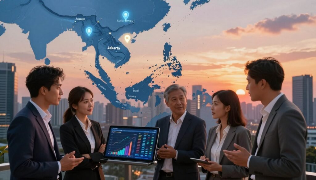 A dynamic and illustrative scene representing investment trends in Southeast Asian startups, particularly in the AI sector. In the foreground, a diverse group of four business professionals dressed in smart business attire, engaged in an animated discussion over a digital tablet displaying graphs and data about AI investments. In the middle, a large, stylized map of Southeast Asia highlighting key cities like Jakarta, Singapore, and Kuala Lumpur, with glowing pins indicating startup hubs and investment opportunities. In the background, a skyline of modern skyscrapers under a vibrant sunset sky, symbolizing growth and innovation. The lighting is warm and optimistic, creating an atmosphere of excitement and potential. The perspective is slightly elevated, capturing the complexity and dynamism of the investment landscape.
