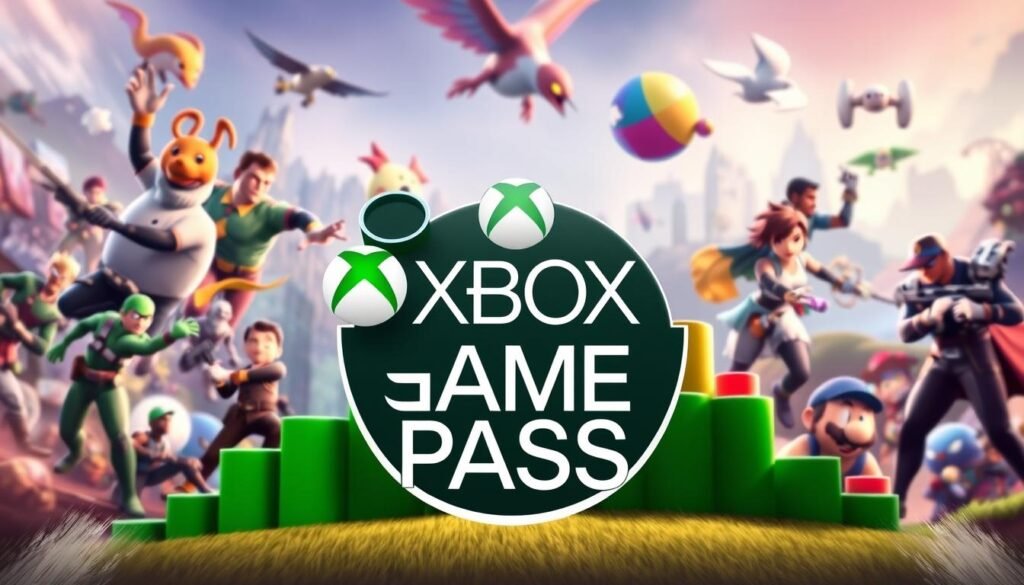 A dynamic composition showcasing the Xbox Game Pass logo prominently in the foreground, surrounded by iconic game imagery such as diverse characters and landscapes from popular titles included in the subscription. In the middle ground, depict an abstract representation of gaming statistics—bar graphs and pie charts—symbolizing user acquisition, playtime, and retention metrics in a visually engaging way. The background features a stylized gaming environment, with vibrant colors and soft lighting to evoke excitement and possibility in the gaming world. Use a slight depth of field effect to focus on the logo while softly blurring the statistics, creating a sense of importance around the Xbox Game Pass. The overall mood is energetic and optimistic, reflecting a thriving gaming community. A dynamic composition showcasing the Xbox Game Pass logo prominently in the foreground, surrounded by iconic game imagery such as diverse characters and landscapes from popular titles included in the subscription. In the middle ground, depict an abstract representation of gaming statistics—bar graphs and pie charts—symbolizing user acquisition, playtime, and retention metrics in a visually engaging way. The background features a stylized gaming environment, with vibrant colors and soft lighting to evoke excitement and possibility in the gaming world. Use a slight depth of field effect to focus on the logo while softly blurring the statistics, creating a sense of importance around the Xbox Game Pass. The overall mood is energetic and optimistic, reflecting a thriving gaming community.