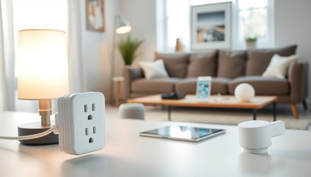 A modern smart plug showcased in a clean, well-organized living room. In the foreground, the smart plug is prominently displayed, connected to a lamp casting a warm, inviting glow. The middle ground features a stylish sofa and a coffee table with a few smart home devices like a smart speaker and a tablet displaying a home automation app. The background includes a bright window with natural light pouring in, accentuating a cozy and modern ambiance. Use a slight angle to emphasize the plug and devices, with soft lighting enhancing the colors and details of the furniture. The overall mood is technologically inviting, perfect for beginners exploring smart home solutions.