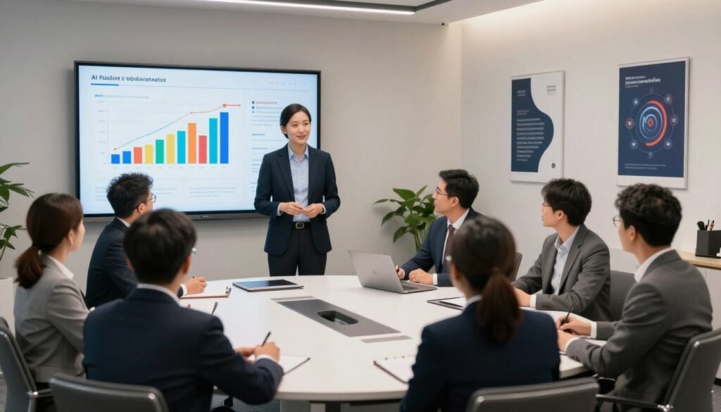 A modern, sophisticated pitch deck presentation in a sleek, well-lit conference room setting. In the foreground, a confident entrepreneur in professional business attire stands beside a large screen displaying colorful graphs and data visualizations representing AI growth and investment opportunities. In the middle, a round table filled with attentive investors, some taking notes and others engaged in discussion, all dressed in formal business attire. The background showcases minimalistic decor with motivational posters about innovation. The lighting is bright and focused on the presentation, creating an optimistic and energetic atmosphere, suitable for a high-stakes investment pitch scenario. The angle is slightly elevated to capture the entire scene effectively.