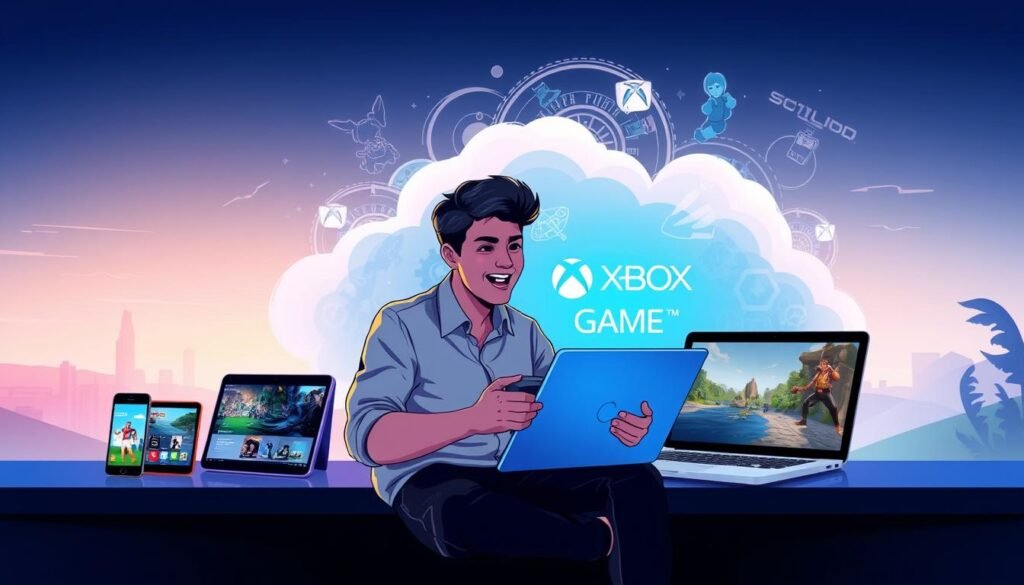 A vibrant and modern illustration of the Xbox Game Pass cloud gaming concept, showcasing diverse devices like smartphones, tablets, and laptops streaming games seamlessly. In the foreground, a gamer in professional casual attire joyfully engages with the Xbox interface on a sleek laptop, illuminated by a soft blue glow from the screen. The middle layer features a dynamic cloud formation, symbolizing the cloud service, with swirling patterns of game-related imagery like characters and landscapes. The background includes a serene digital landscape with subtle hints of cityscapes and nature, conveying the flexibility of gaming anywhere. Soft, ambient lighting enhances the sense of technology and connectivity, projecting a mood of excitement and innovation. The scene captures the essence of gaming versatility and streaming convenience without any text or branding elements. A vibrant and modern illustration of the Xbox Game Pass cloud gaming concept, showcasing diverse devices like smartphones, tablets, and laptops streaming games seamlessly. In the foreground, a gamer in professional casual attire joyfully engages with the Xbox interface on a sleek laptop, illuminated by a soft blue glow from the screen. The middle layer features a dynamic cloud formation, symbolizing the cloud service, with swirling patterns of game-related imagery like characters and landscapes. The background includes a serene digital landscape with subtle hints of cityscapes and nature, conveying the flexibility of gaming anywhere. Soft, ambient lighting enhances the sense of technology and connectivity, projecting a mood of excitement and innovation. The scene captures the essence of gaming versatility and streaming convenience without any text or branding elements.
