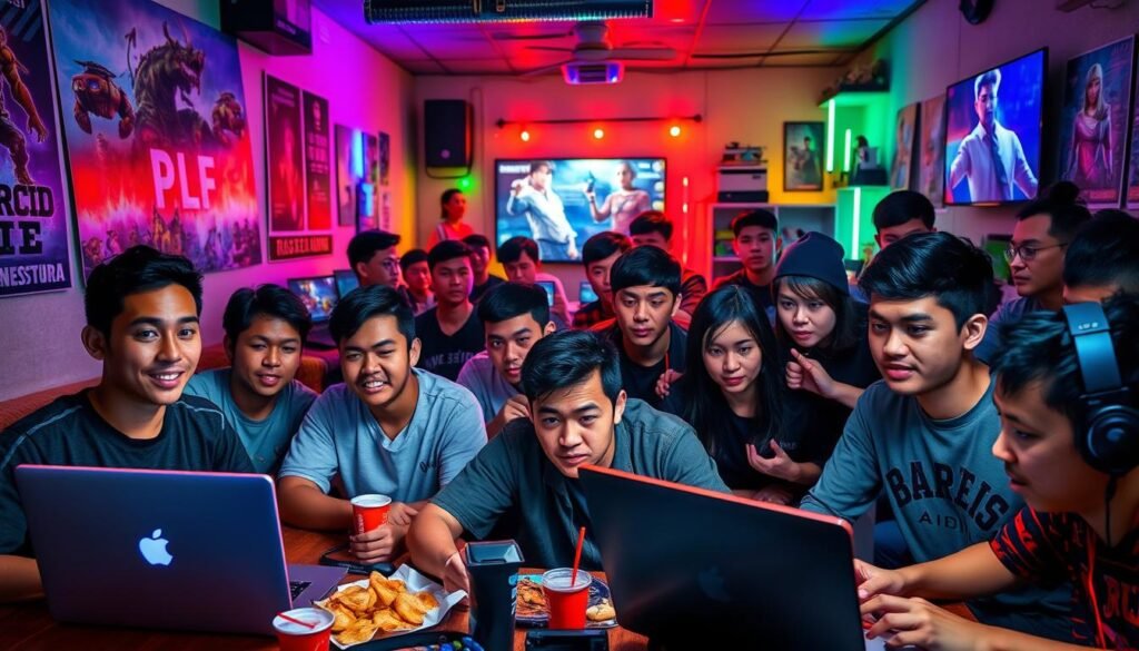A vibrant scene depicting the reaction of the Indonesian gaming community to major gaming news. In the foreground, a diverse group of gamers, including men and women of varying ages, are gathered around laptops and gaming consoles, wearing casual clothing, with expressions of excitement and concern. The middle portion features walls adorned with gaming posters and memorabilia, along with snacks and drinks, creating a lively atmosphere. The background shows a cozy room with a large screen displaying a gaming event, illuminated by colorful LED lights. The lighting is warm yet dynamic, casting shadows that enhance the gamers' expressions. The overall mood is a mix of enthusiasm and contemplation, reflecting their deep connection to gaming culture. A vibrant scene depicting the reaction of the Indonesian gaming community to major gaming news. In the foreground, a diverse group of gamers, including men and women of varying ages, are gathered around laptops and gaming consoles, wearing casual clothing, with expressions of excitement and concern. The middle portion features walls adorned with gaming posters and memorabilia, along with snacks and drinks, creating a lively atmosphere. The background shows a cozy room with a large screen displaying a gaming event, illuminated by colorful LED lights. The lighting is warm yet dynamic, casting shadows that enhance the gamers' expressions. The overall mood is a mix of enthusiasm and contemplation, reflecting their deep connection to gaming culture.