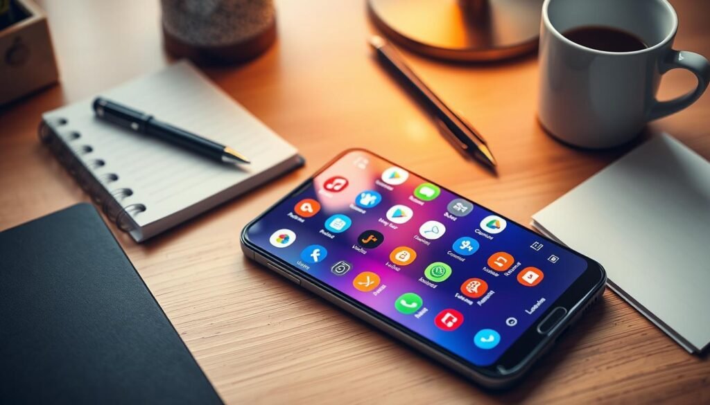 A visually appealing flat lay of a Samsung smartphone prominently displaying a smartphone screen filled with colorful icons representing various bloatware applications. The background features a stylish modern desk setup, including a notebook, a pen, and a coffee cup to enhance the professional atmosphere. The smartphone should be shown in a slight angle to highlight the screen's apps, with warm, natural lighting illuminating the scene to create a welcoming mood. The colors should be vibrant yet balanced, with a focus on the app icons, drawing attention while maintaining an organized aesthetic. The overall composition should be clean and minimalistic, reflecting a sense of tech-savvy professionalism.