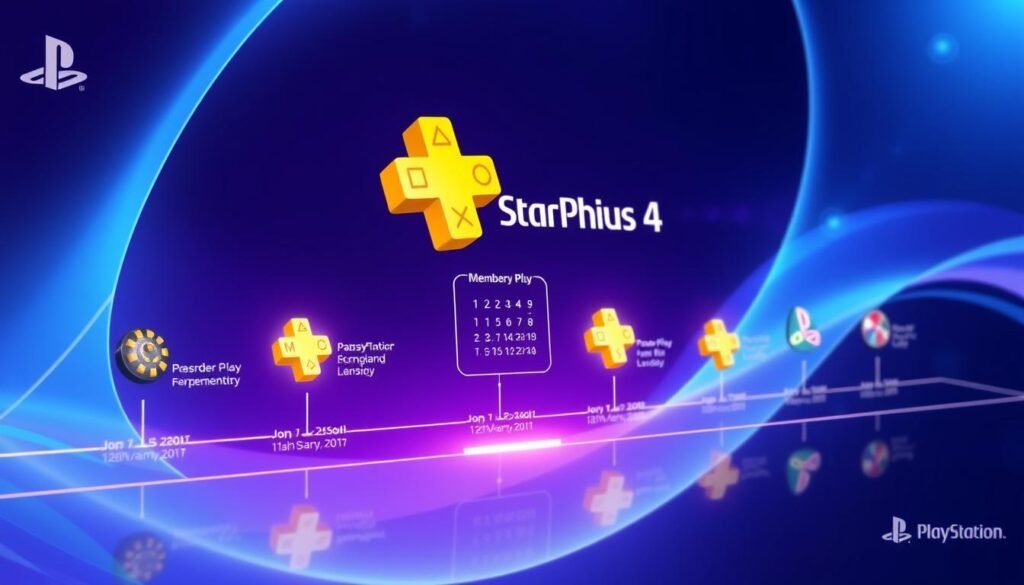 An illustrated timeline depicting significant milestones of PlayStation Plus, showcased on a sleek, modern digital interface. The foreground features clear markers representing key dates and events, each styled like gaming icons, with vibrant colors to evoke a sense of nostalgia and excitement. In the middle ground, a stylized digital calendar overlays prominent achievements, rendered with a subtle glow to enhance visibility. The background incorporates soft gradients of blue and purple, reminiscent of the PlayStation brand, creating a vibrant but harmonious atmosphere. The composition is well-lit, with a cinematic focus that draws attention to the timeline, reflecting anticipation and emotional connection for members. No text or logos are included, ensuring a clean, professional layout. An illustrated timeline depicting significant milestones of PlayStation Plus, showcased on a sleek, modern digital interface. The foreground features clear markers representing key dates and events, each styled like gaming icons, with vibrant colors to evoke a sense of nostalgia and excitement. In the middle ground, a stylized digital calendar overlays prominent achievements, rendered with a subtle glow to enhance visibility. The background incorporates soft gradients of blue and purple, reminiscent of the PlayStation brand, creating a vibrant but harmonious atmosphere. The composition is well-lit, with a cinematic focus that draws attention to the timeline, reflecting anticipation and emotional connection for members. No text or logos are included, ensuring a clean, professional layout.