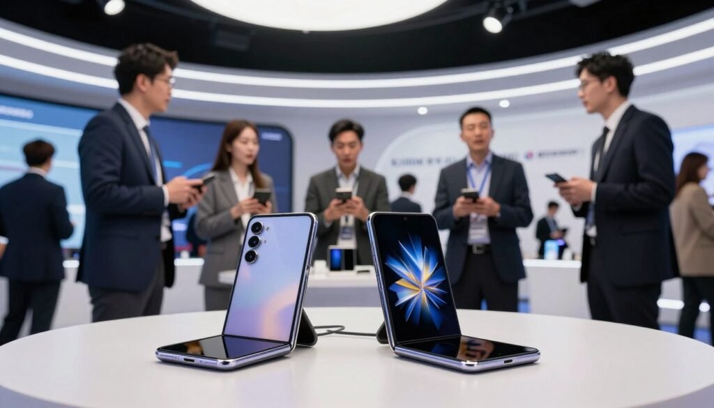 A dynamic and competitive global smartphone market scene, illustrating the 2026 foldable phones showcased prominently. In the foreground, two sleek foldable phones from rival brands, including Samsung's latest model, positioned side by side on a stylish display table, reflecting modern design elements with shimmering screens. In the middle ground, diverse professionals in smart business attire engage in conversation, examining the devices with enthusiasm, showcasing the tech-savvy atmosphere. The background features a futuristic conference booth filled with bright LED lights and banners representing various tech companies, creating a high-energy ambiance. Soft, diffused lighting enhances the overall sleekness of the products, emphasizing their innovative features. The camera angle is slightly elevated, capturing both the products and the engaged audience, conveying a sense of excitement and competition in the evolving mobile landscape.