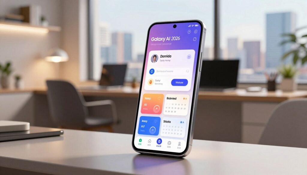 A futuristic digital assistant interface displayed on a sleek Samsung Galaxy device, showcasing personalized suggestions and daily briefings. In the foreground, the smartphone screen features vibrant graphics of task reminders, calendar events, and AI recommendations, all emanating a soft glow. The middle ground includes a stylish, modern workspace with minimalistic furniture and ambient lighting that creates a warm, inviting atmosphere. In the background, a blurred cityscape visible through a large window, indicating a busy urban environment. The scene is set in soft, natural daylight to evoke a sense of optimism and efficiency. Capture the essence of technology seamlessly integrating into daily life, with a clean and focused composition, emphasizing the innovative features of the Samsung Galaxy AI 2026.