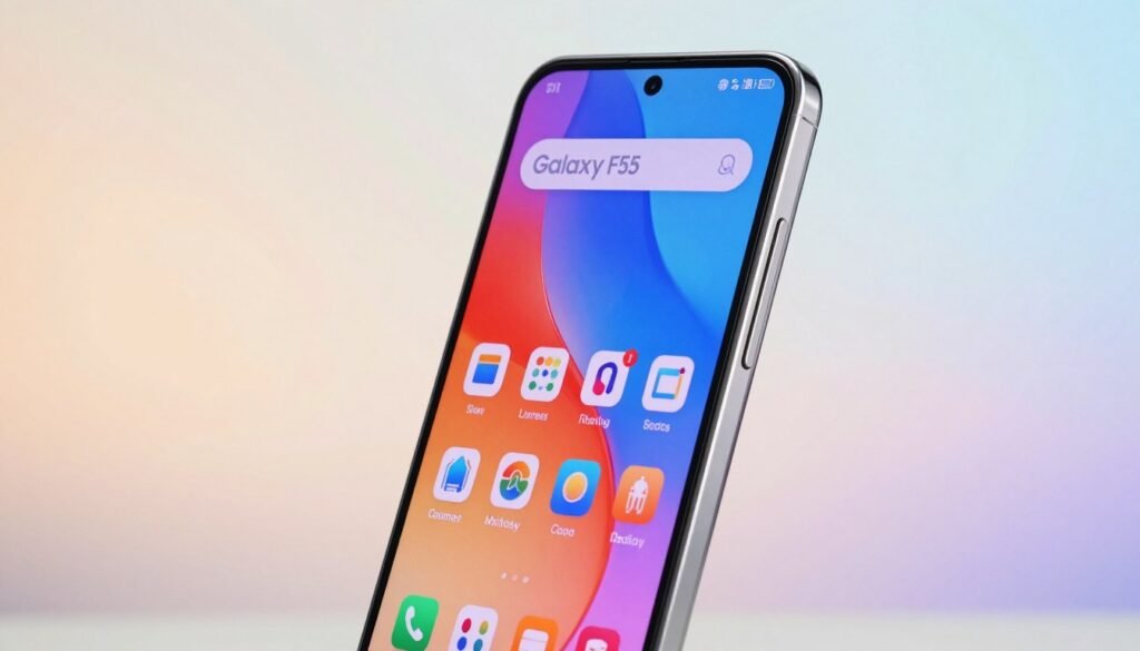 A modern smartphone display featuring the Galaxy F55, showcasing its vibrant screen filled with an engaging interface. In the foreground, zoom in on the screen displaying colorful app icons and a stunning wallpaper that highlights the phone's high resolution. The middle ground captures the sleek design of the Galaxy F55, with its slim edges and glossy finish reflecting light, emphasizing its premium feel. The background is softly blurred to maintain focus on the device, with a gradient of subtle colors enhancing the ambiance. Use soft, natural lighting to create a clean and elegant atmosphere, with a slight camera tilt to give a dynamic view. The composition should evoke a sense of sophistication, making the phone look desirable and premium.